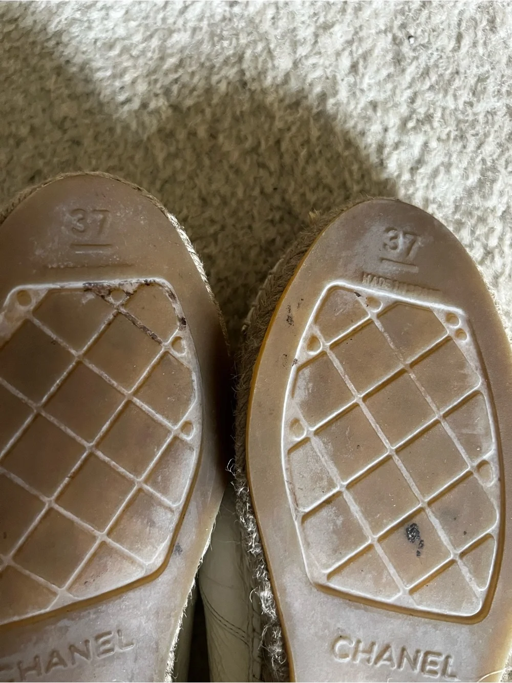 CHANEL Cream Leather Espadrille Slip-Ons with Interlocking CC